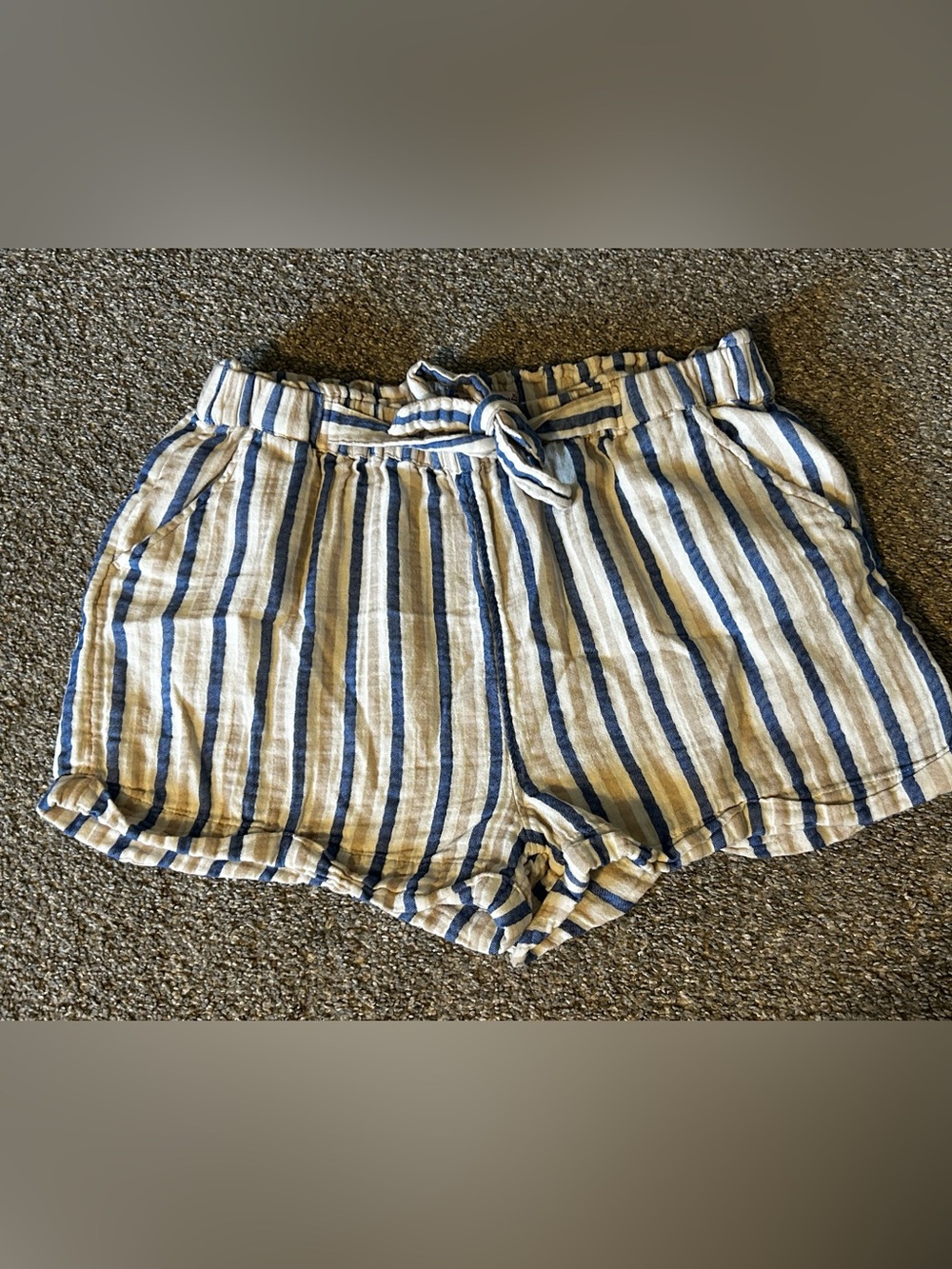 100% Cotton Striped Paperbag Waist Shorts Blue White Coastal Beachy Summer XL - Picture 2 of 7